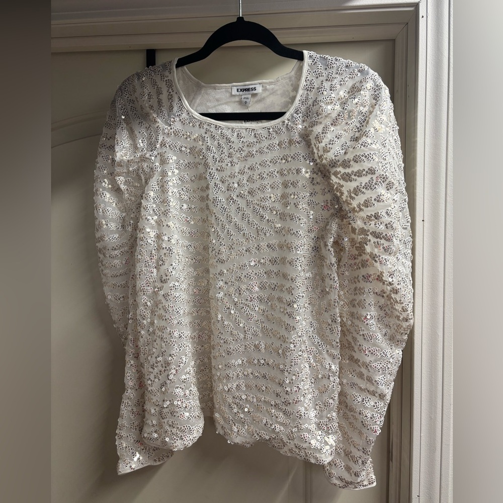 Express White and Gold Sequin Blouse